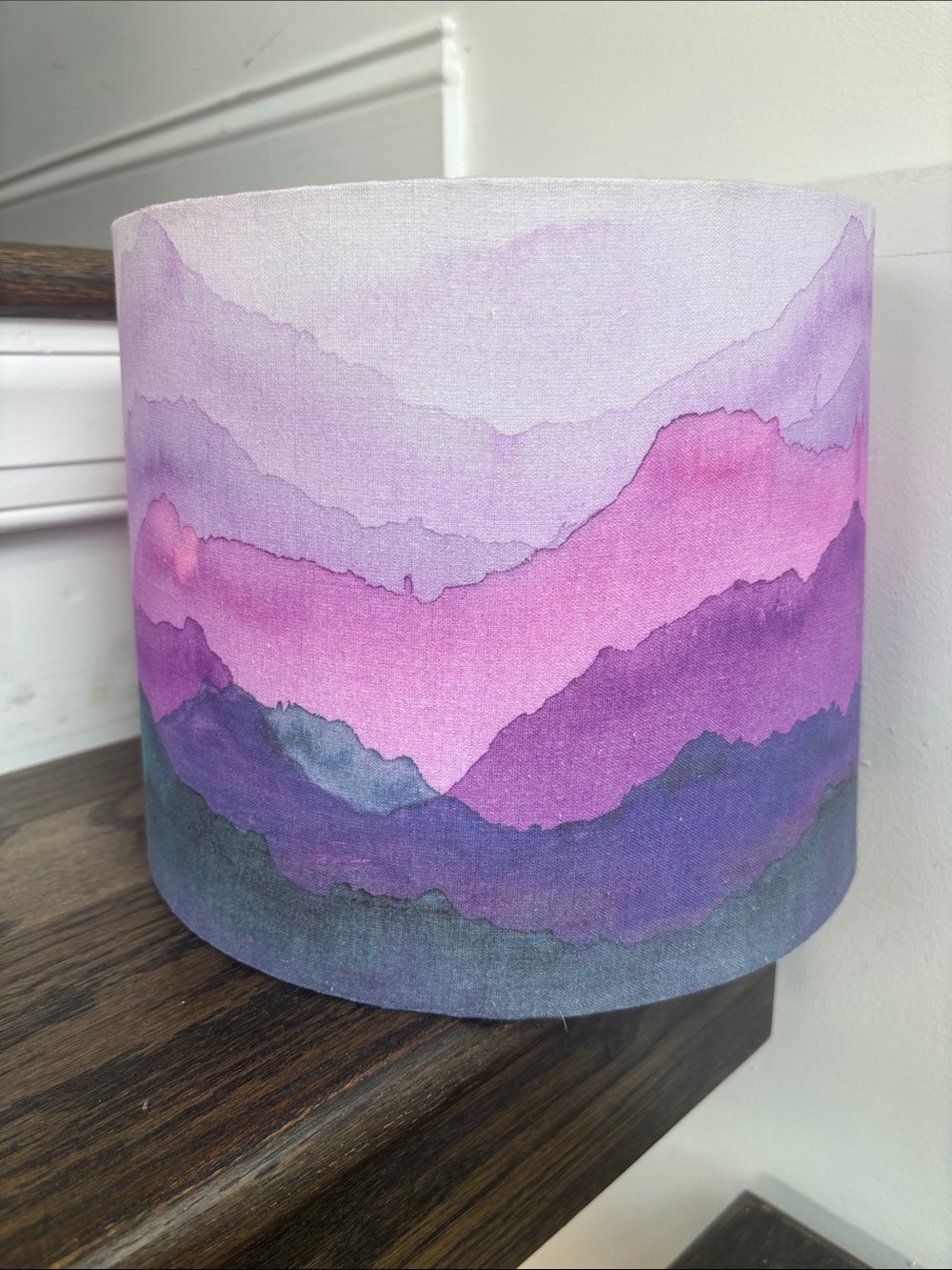 Anthropologie painted range lampshade, mountains, pink/purples/, 9” diameter